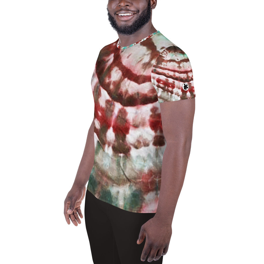 Oseli African Print Men's Tie-Dye Athletic T-shirt (Earth & Green on white)